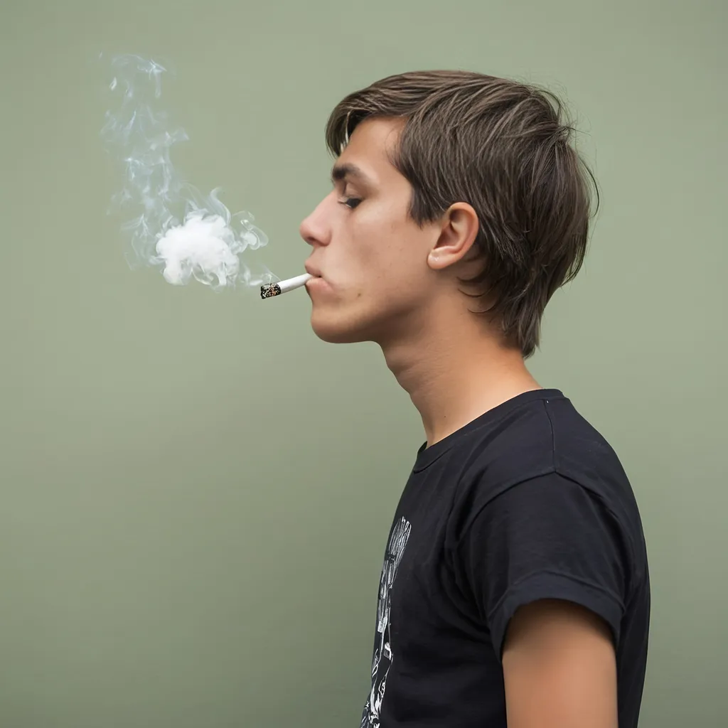 Prompt: 20-year-old boy in profile smoking, upper body in t-shirt