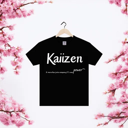 Prompt: Create a black t-shirt design header is Kaizen-Power under it with smaller font "it's more than just a company its our way of life" add call center background with Japanese touch hd quality 