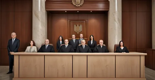 Prompt: Portrait of you surrounded by Israel's Supreme Court judges, natural colors, 3D rendering, 4k, realistic, professional, detailed facial features, respectful atmosphere, judicial setting, 120x80cm size, formal attire, courtroom background, professional lighting