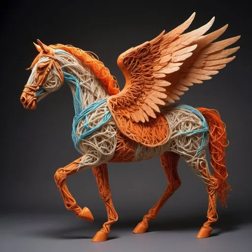 Prompt: A detailed winged horse sculpture crafted by twisting and knotting fibers to mimic the creature's unique shape full colours Shadow background orange soft 