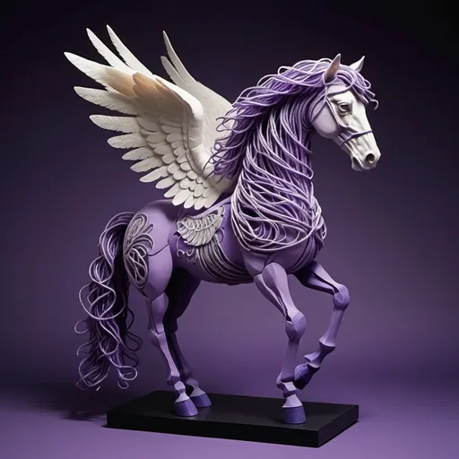 Prompt: A detailed winged horse sculpture crafted by twisting and knotting fibers to mimic the creature's unique shape Violet colours Shadow background 