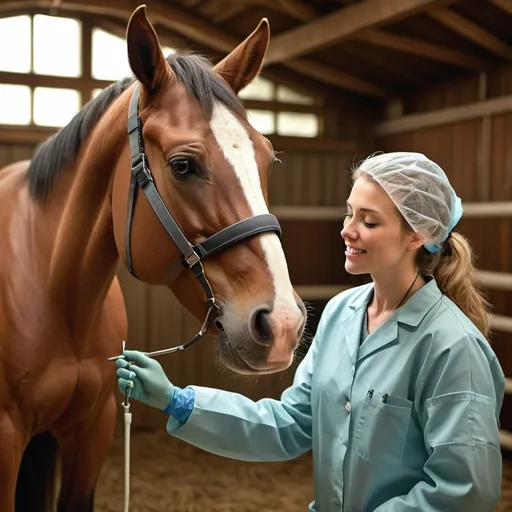 Prompt: (photorealistic) ultra-detailed image of a (female veterinarian) examining the teeth of a beautiful horse in a barn, dressed in surgical attire, captured with a Canon EOS digital camera, 35mm lens, soft natural lighting, warm tones, detailed textures in the environment, cozy barn atmosphere, high-quality composition, embedding a sense of caring and professionalism.