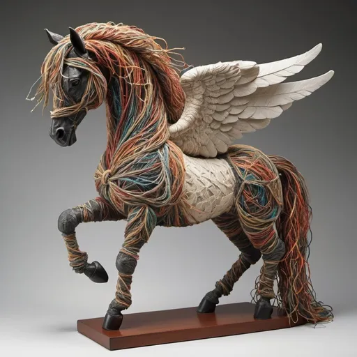 Prompt: A detailed winged horse sculpture crafted by twisting and knotting fibers to mimic the creature's unique shape color full 