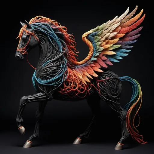 Prompt: Ablaze A detailed winged horse sculpture crafted by twisting and knotting fibers to mimic the creature's unique shape full colours Shadow background black soft 