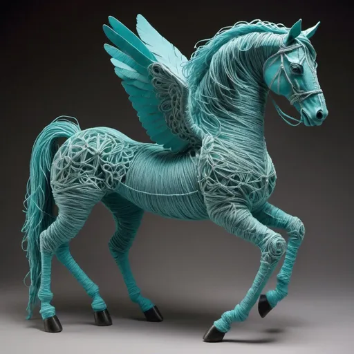 Prompt: A detailed winged horse sculpture crafted by twisting and knotting fibers to mimic the creature's unique shape color full turquesa 