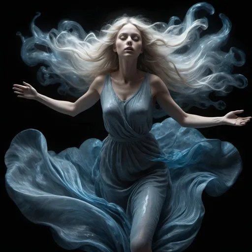 Prompt: a charcoal textured contour hatching utilizing blended shading, bold shadowing, chiaroscuro, stark contrasts and a muted palette with ink grey, cerulean silver and shining gold highlights depicting a translucent, wispy, hollow Entity, the gorgeous beautiful stunning blonde Goddess of Sea levitating, floating.
Possession. Poltergeist, exaggerated ectoplasm. 
Double exposure overlay, overlapping image of an incandescent hologram flickering, dynamic encryption, fading,
powerful imagery, a breathtaking realization spooky vibe, cinematic, epic realism,8k, highly detailed, 
obscured by digital haze (bioluminescent vapor, analog static, spectral reflections, gelatinous membranes, viscous fluids, gossamer plasma, sinuous expansion) 3D-EFFECT, grey, blue long shot technique