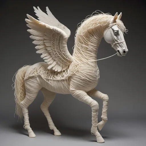Prompt: A detailed winged horse sculpture crafted by twisting and knotting fibers to mimic the creature's unique shape