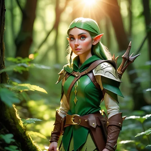 Prompt: Elf ranger in a mystical forest around sunlight