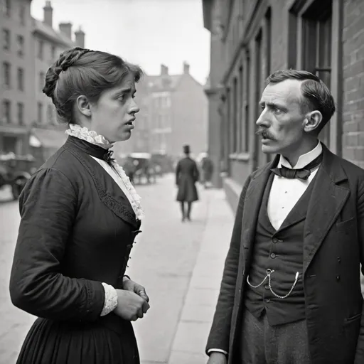 Prompt: person talking to another person looking confused  in 1900