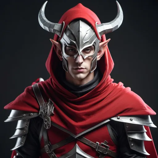 Prompt: Sci-fi Male elf Knight with horns wearing a Crimson hood and shoulder cape with face mask helmet 