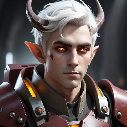 Prompt: Sci-fi Male elf protagonist that has horns also with white hair and crimson highlights and amber eyes in power armor 