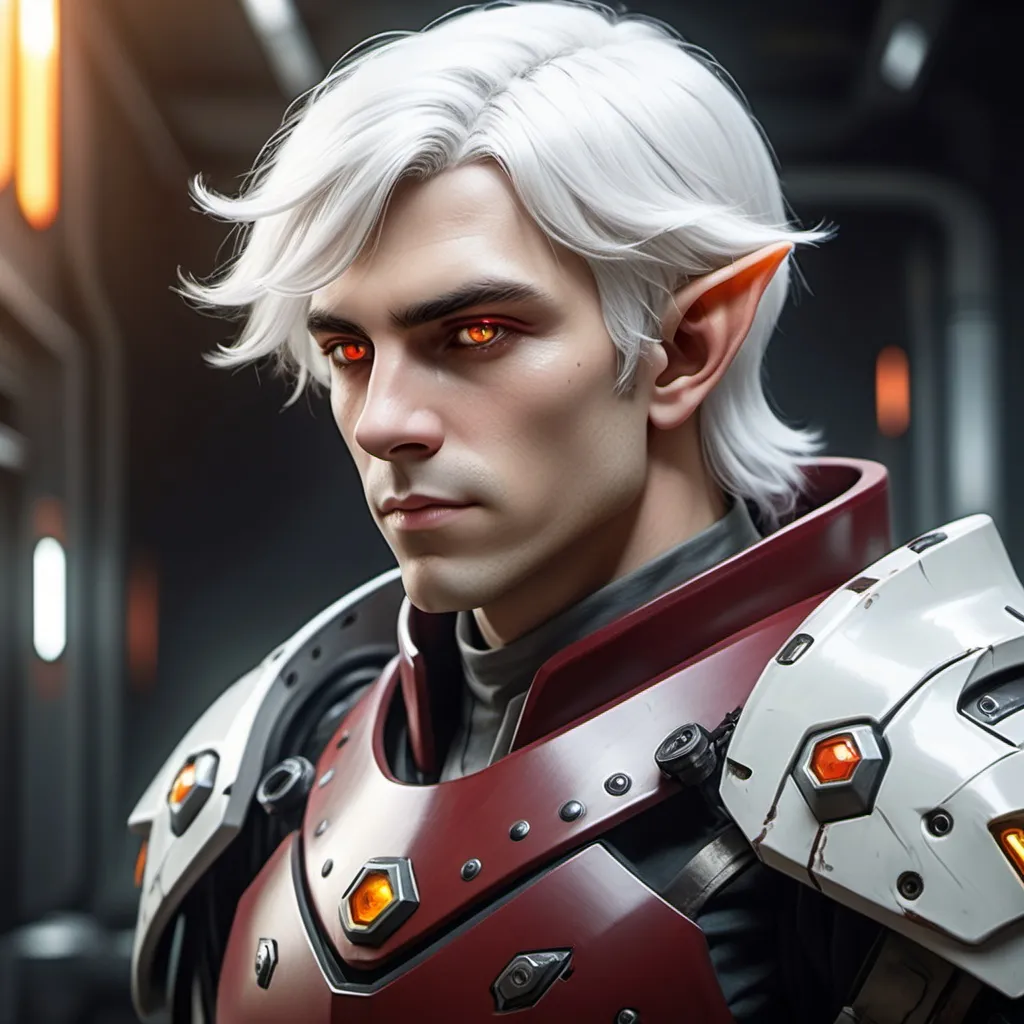 Prompt: Sci-fi Male elf protagonist with white hair and crimson highlights and amber eyes in power armor 