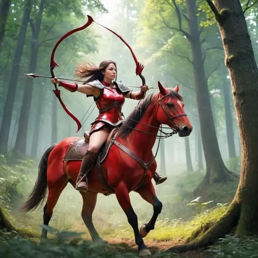 Prompt: A Elvin lady in the middle of the forest and wearing a red armor, shooting arrow on the air why sitting on horse