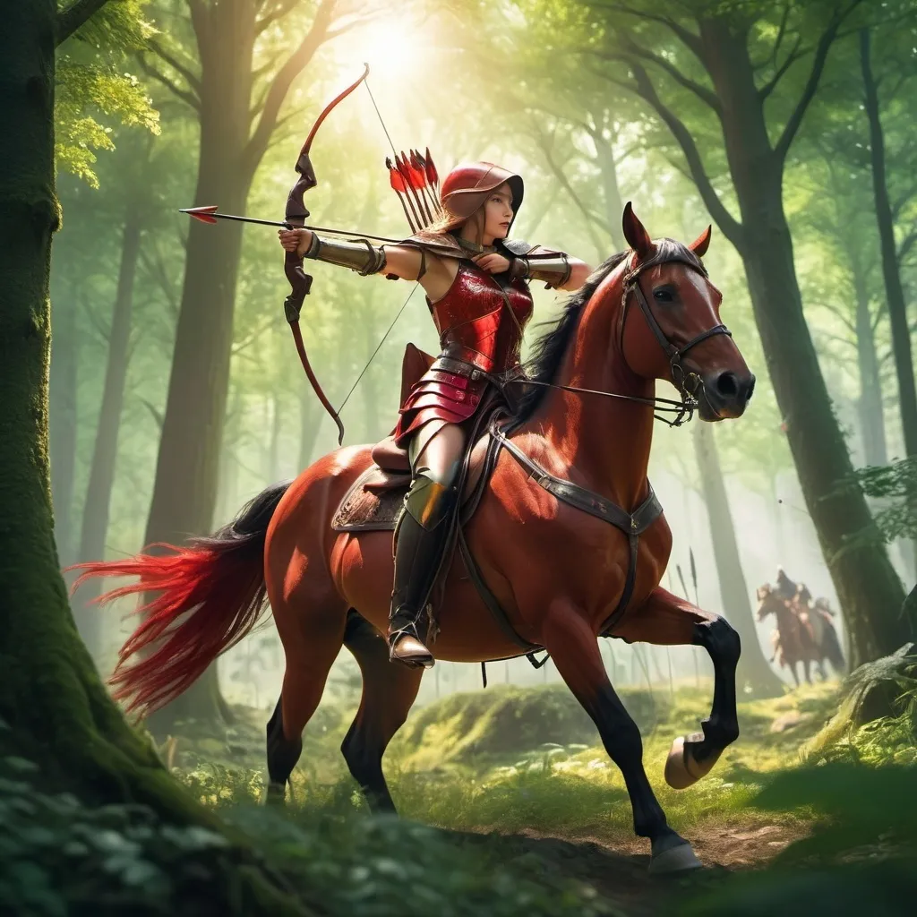 Prompt: A Elvin lady in the middle of the forest and wearing a red armor, shooting arrow on the air why sitting on horse