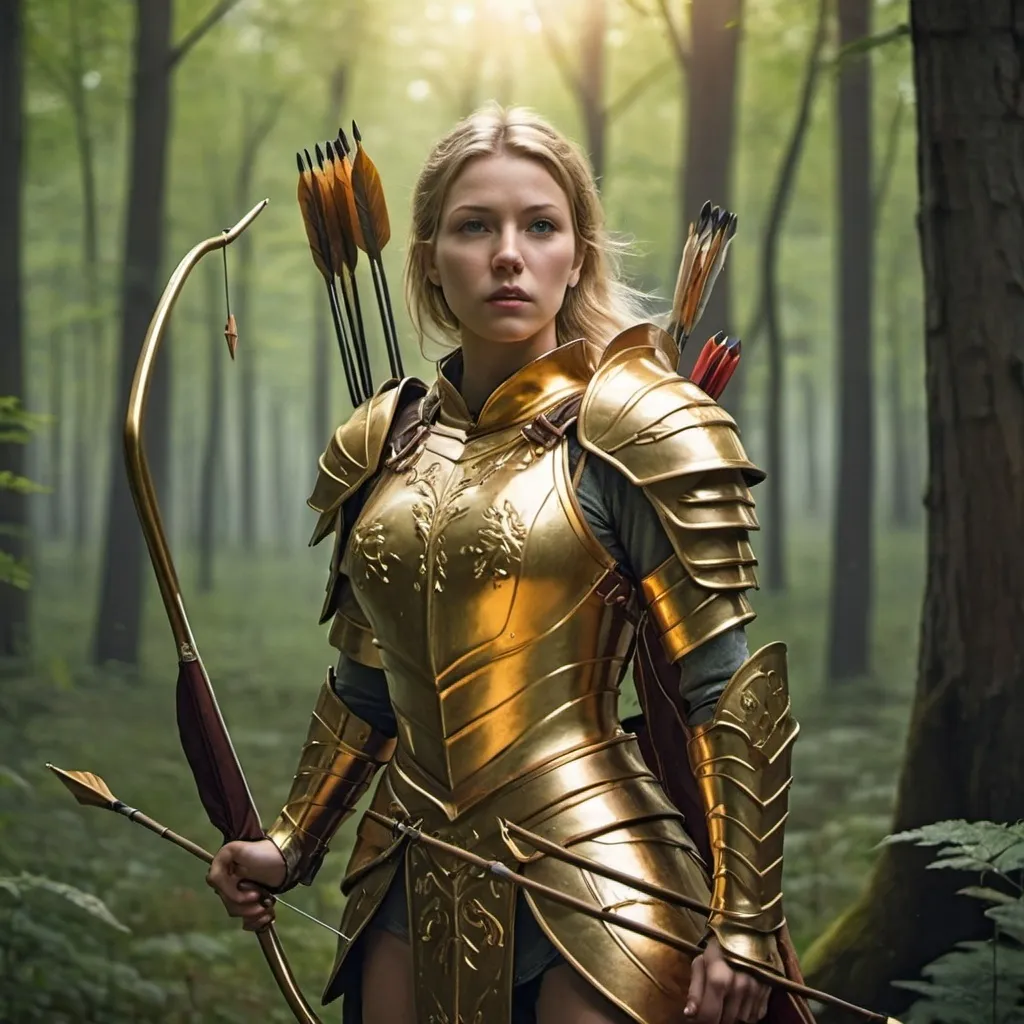 Prompt: A Elvin lady in the middle of the forest and wearing a golden armor, shooting a arrow on a horse 