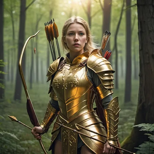 Prompt: A Elvin lady in the middle of the forest and wearing a golden armor, shooting a arrow on a horse 