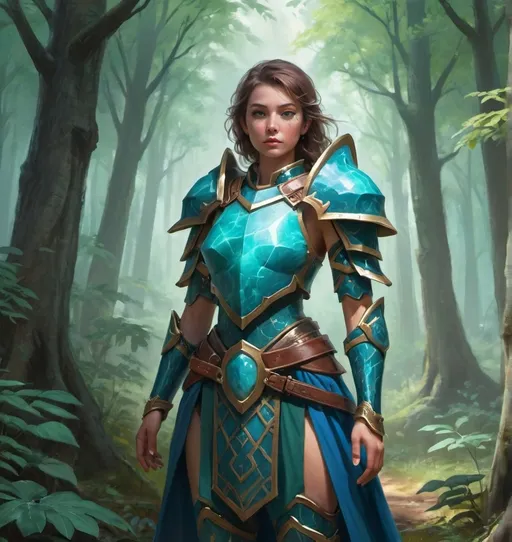 Prompt: A Elvin lady in the middle of the forest and wearing a blue jade armor