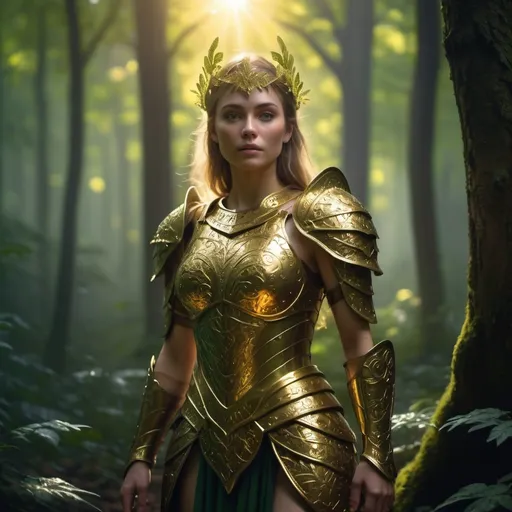 Prompt: A Elvin lady in the middle of the forest and wearing a golden armor