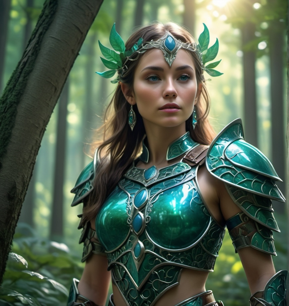 Prompt: A Elvin lady in the middle of the forest and wearing a blue jade armor