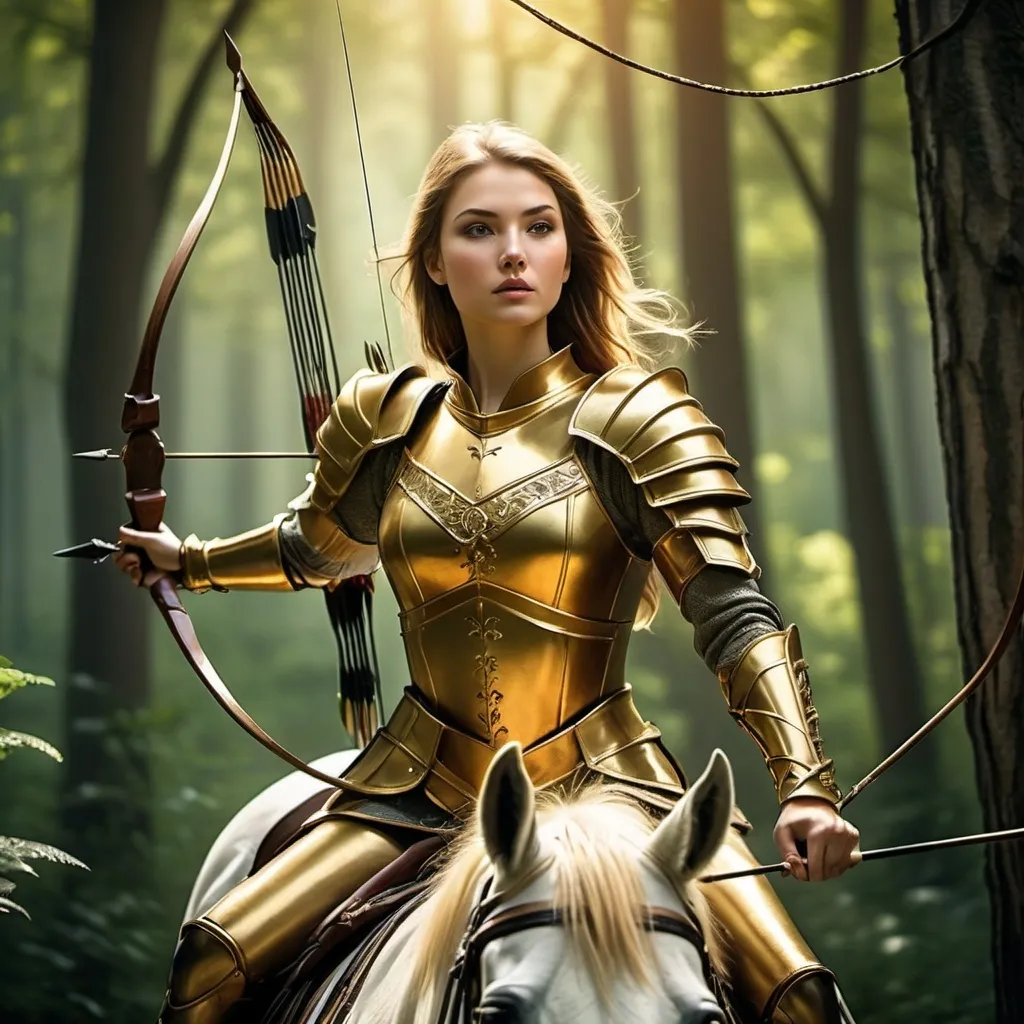 Prompt: A Elvin lady in the middle of the forest and wearing a golden armor, shooting a arrow on a horse 