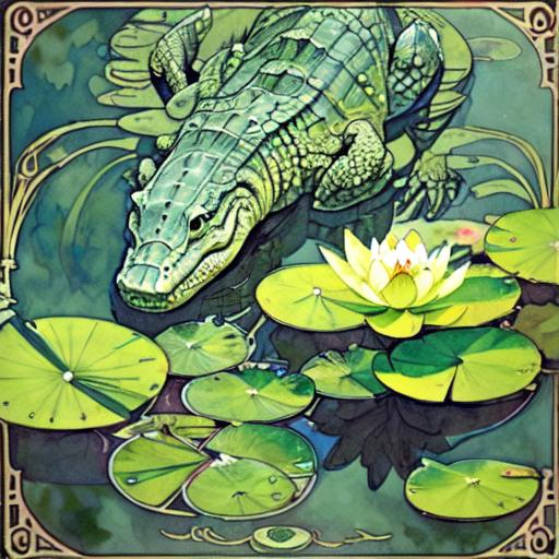 Prompt: Alligator, pond, lily pad, water lilies. Art nouveau, in the style of alphonse Mucha, ornate swirling borders
