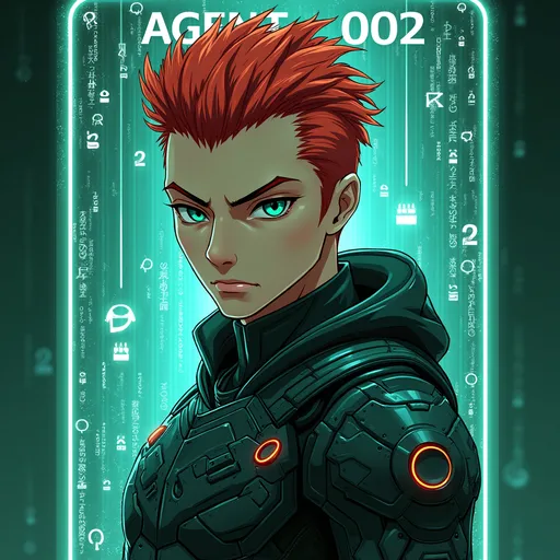 Prompt: A futuristic trading card portrait of a sci-fi warrior named "Agent 002", inspired by the main character of Tsubasa Oozora. He has mohawk red hair and teal-green eyes, wearing sleek high-tech armor with glowing accents. The background is filled with cascading complex code and glowing symbols reminiscent of the Matrix, but more intricate and alien. The scene is framed inside a glowing, holographic ID card border with a cyberpunk aesthetic. The style is ultra-detailed, digital painting, cinematic lighting, with a futuristic and immersive sci-fi vibe.
