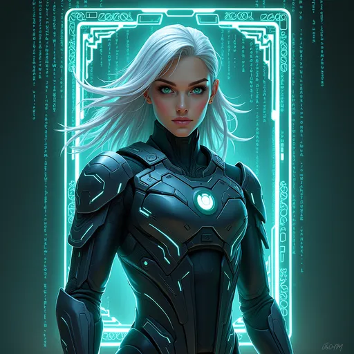 Prompt: A futuristic trading card portrait of a sci-fi warrior named "Agent 001", inspired by the main character of Ikki Phoenix. He has flowing silver hair and teal-blue eyes, wearing sleek high-tech armor with glowing accents. The background is filled with cascading complex code and glowing symbols reminiscent of the Matrix, but more intricate and alien. The scene is framed inside a glowing, holographic ID card border with a cyberpunk aesthetic. The style is ultra-detailed, digital painting, cinematic lighting, with a futuristic and immersive sci-fi vibe.
