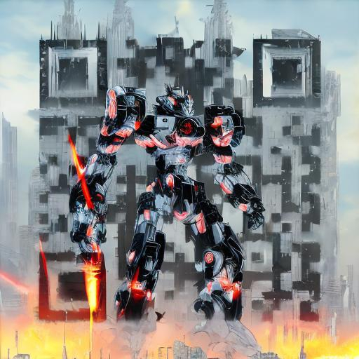 Prompt: masterpiece, best quality, mecha, no humans, black armor, blue eyes, science fiction, fire, laser canon beam, war, conflict, destroyed city background