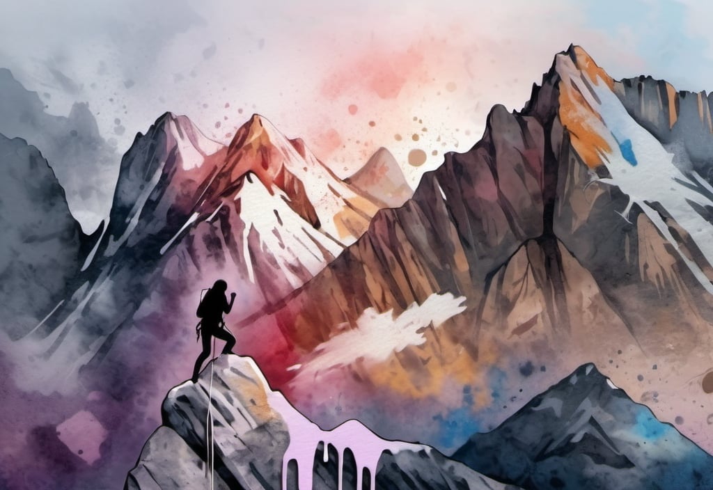 Prompt: A realistic picture, graffiti and dripping watercolor colors, big mountain range, extra details, woman rock climber photo rendered
