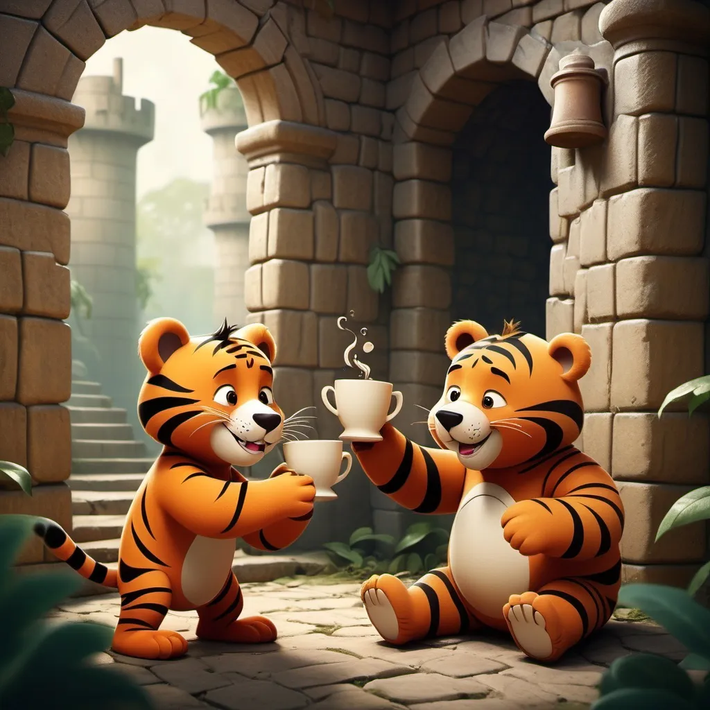 Prompt: in the style of jungle book, little tiger and bear cup playing together with smiling faces in an old castle
