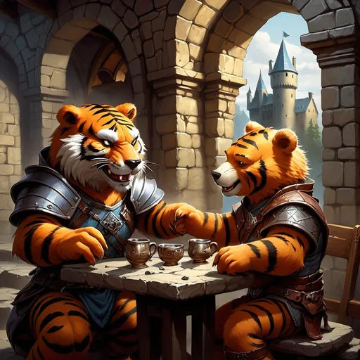 Prompt: dungeons and dragons fantasy art littel tiger and bear cup playing together in an old castle
