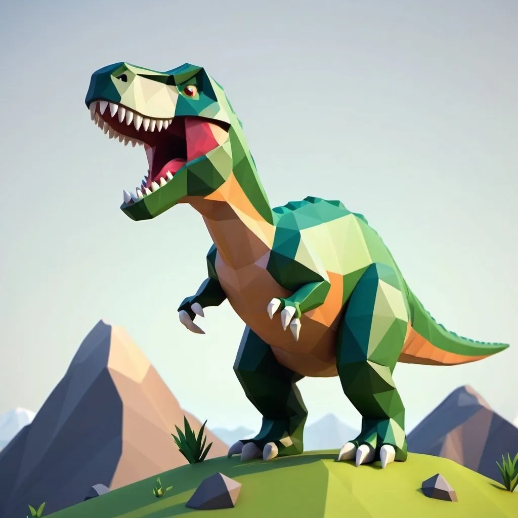 Prompt: low Poly Dinosaur roaring standing on a hill