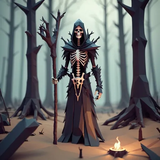 Prompt: Low poly necromancer In a dead forest