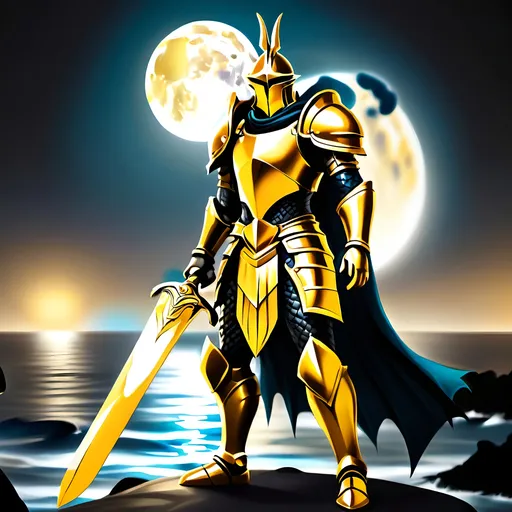 Prompt: An game based drawing with a dark themed background with a golden armor and a mythical level sword golden in color and a cool ocean in background and moon