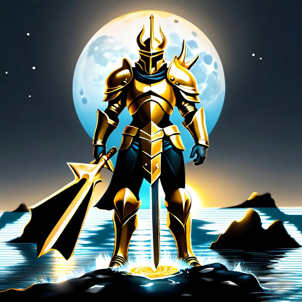 Prompt: An game based drawing with a dark themed background with a golden armor and a mythical level sword golden in color and a cool ocean in background and moon