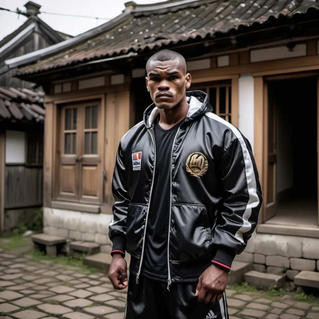 Prompt: Black boxer  World shampion player with kimo jacket in old houses memori