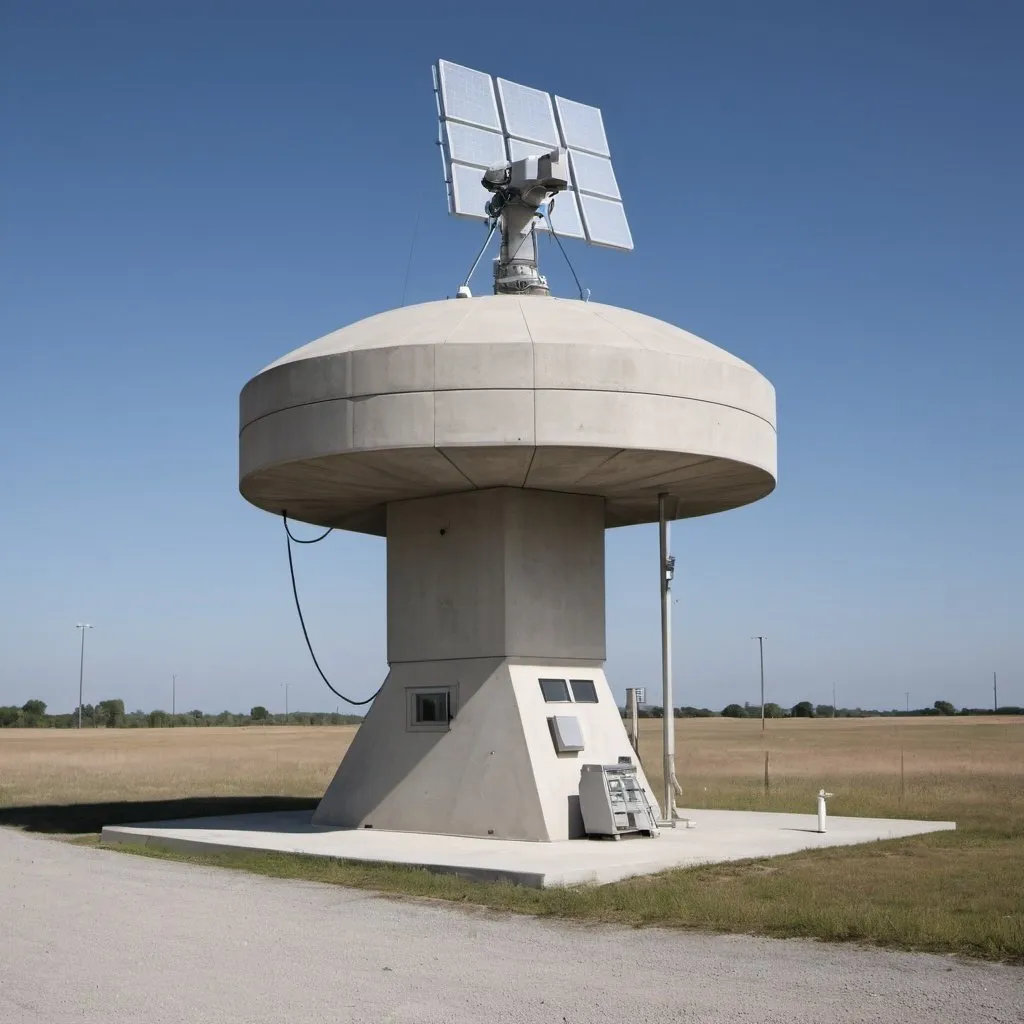 Prompt: A small concrete shelter with a large multi array antenna on top, connected by cables to a command and control center