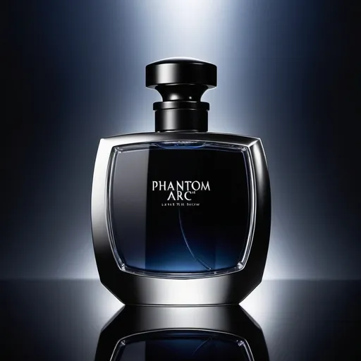 Prompt: Create an image that captures the essence of the "Phantom Arc" luxury men's perfume brand. The bottle is sleek and futuristic, with sharp, angular lines that reflect light like a polished black onyx. Surround the bottle with a soft, ethereal glow, as if it’s emerging from the shadows. The background is a mix of deep midnight blue and shimmering silver, evoking mystery and sophistication. Include subtle arcs of light, symbolizing the brand's name and the energy of a phantom presence. The atmosphere should be dark, bold, and elegant, with hints of masculine luxury. The bottle should stand out as the centerpiece, drawing attention with its sleek design and unique shape.