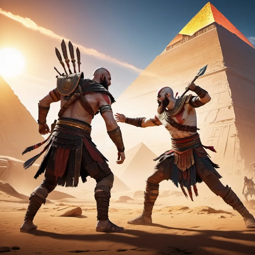 Prompt: Kratos with Atreus fight against RA in Egypt 
