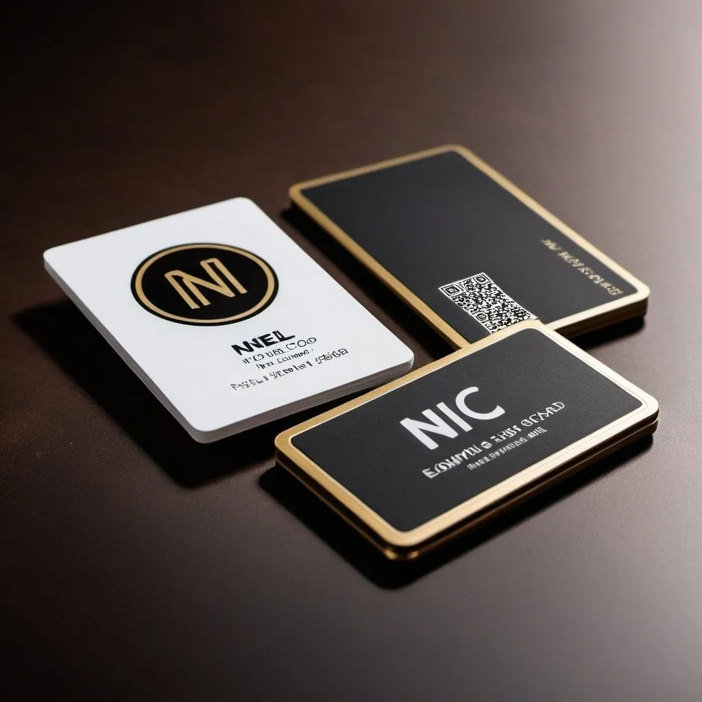 Prompt: Create a high-quality product photography image of a single NFC Business Card. The NFC business card should measure 85 x 54 mm, with a black matte finish and the name "Mr. Neel" engraved in gold using professional fonts. The card should include a QR code and have the NFC logo in the top right corner. Position the card beside a luxury wallet and near a mobile phone. The mobile phone's display should show Mr. Neel's virtual business card profile. Ensure the image highlights the elegance and professionalism of the NFC business card, capturing the details with perfect lighting and composition.