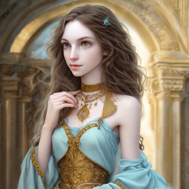 Prompt: A beautiful woman with long, wavy dark brown hair, aquamarine eyes, and pale skin. Wearing a sky blue dress with gold jewelry. Detailed face, detailed eyes, detailed body, waist up.