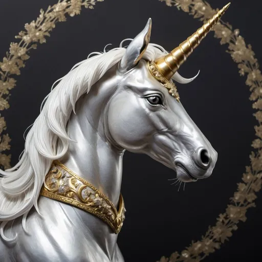 Prompt: A silvery unicorn with a gold horn and white fur, detailed
