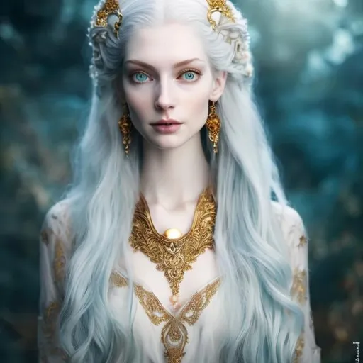Prompt: Beautiful tall woman with pale skin, long wavy silvery-white hair, teal eyes, pale blue dress, gold jewelery, golden embroidery, high quality, fantasy, ethereal, detailed features, flowing hair, elegant, pale tones, mystical lighting