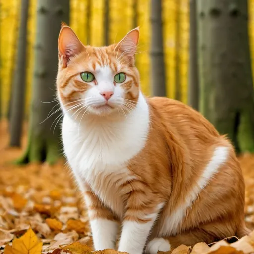 Prompt: ginger cat with cream stripes and green eyes in an autumn forest