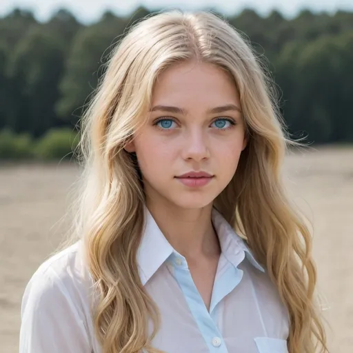 Prompt: girl with long slightly wavy blond hair, light skin, sky blue eyes, wearing a simple white collared blouse