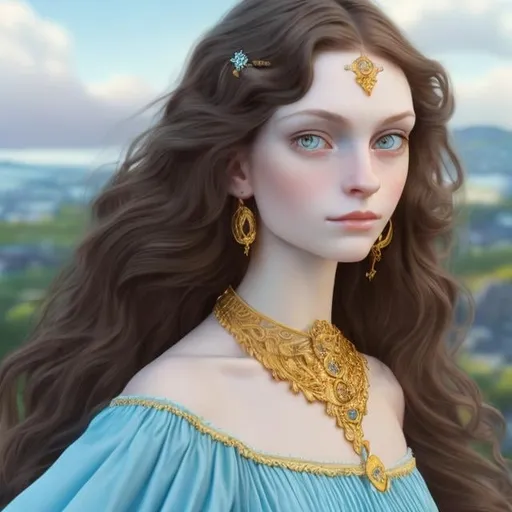 Prompt: A beautiful woman with long, wavy dark brown hair, blue eyes, and pale skin. Wearing a sky blue dress with gold jewelry. Detailed face, detailed eyes, detailed body, waist up.