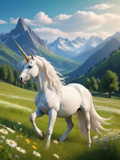 Prompt: beautiful tranquil field with green grass and wildflowers, blue sky, mountains in the background, beautiful lighting. white alicorn with white wings and a gold horn, grazing on the field. high resolution, realistic, 3d