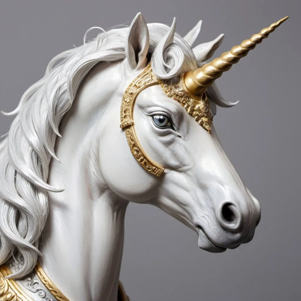 Prompt: A silvery unicorn with a gold horn and white fur, detailed
