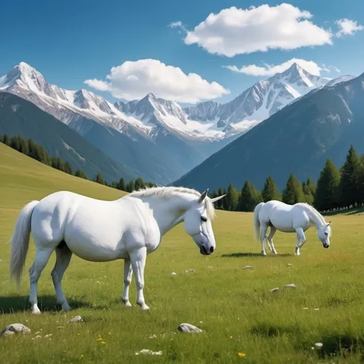 Prompt: beautiful mountain landscape with a grassy field, blue sky, mountain peaks in the background, white unicorns grazing