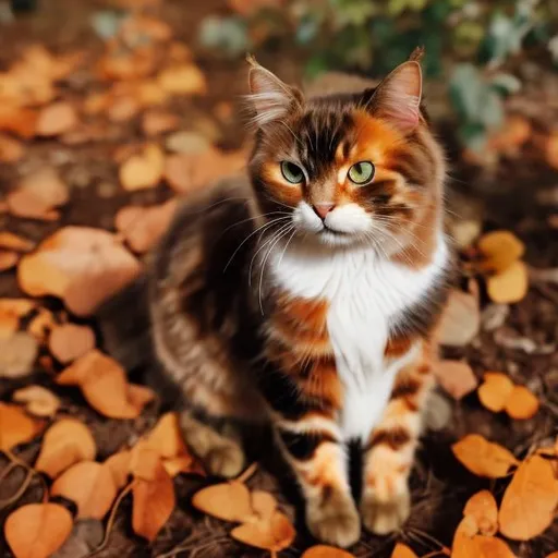 Prompt: A small brown and white tortoiseshell cat with long fur and amber eyes. Sitting on a flat rock surrounded by vines and leaves. The sky is orange and gold, the time sunset.